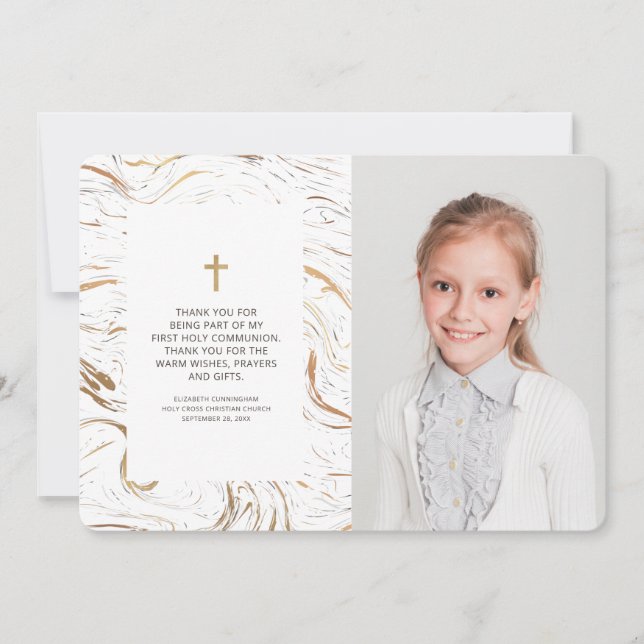 Modern Marble Gold Cross Photo Communion Thank You (Front)