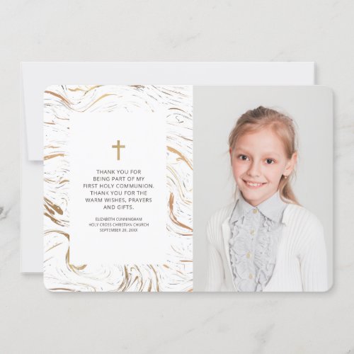 Modern Marble Gold Cross Photo Communion Thank You