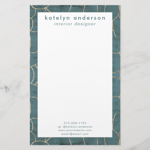 Modern Marble Gold Gemstone Teal Interior Designer Stationery