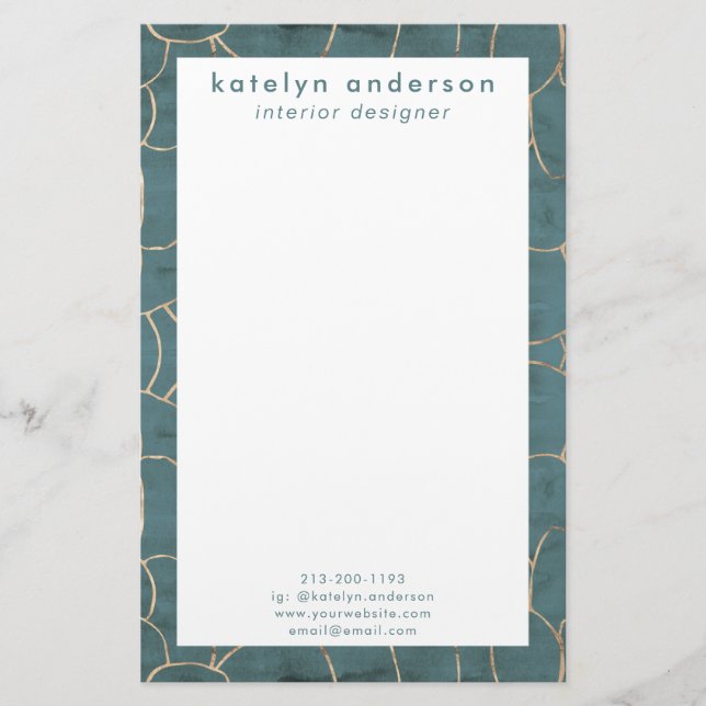 Modern Marble Gold Gemstone Teal Interior Designer Stationery (Front)