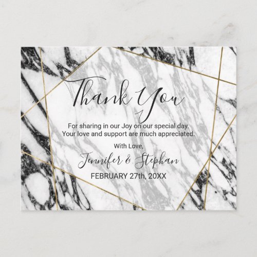 Modern Marble Gold Geometric Thank You Postcard