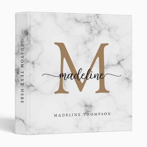 Modern Marble Gold Girly Script Monogram 3 Ring Binder