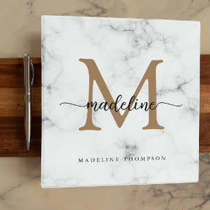 Modern Marble Gold Girly Script Monogram 3 Ring Binder