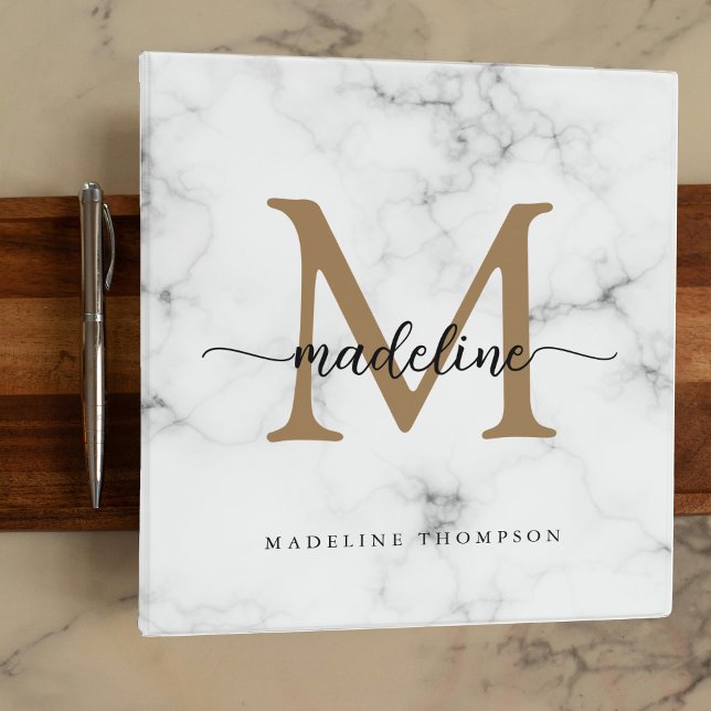 Modern Marble Gold Girly Script Monogram 3 Ring Binder (Creator Uploaded)
