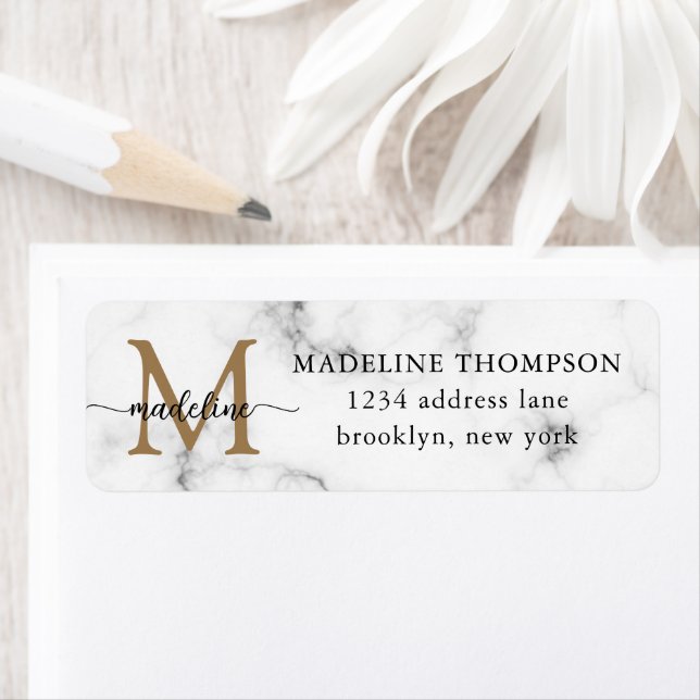 Modern Marble Gold Girly Script Monogram Address Label (Insitu)