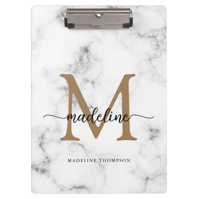 Modern Marble Gold Girly Script Monogram Clipboard (Front)