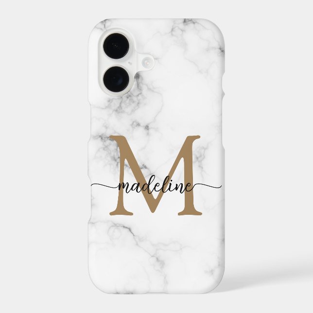 Modern Marble Gold Girly Script Monogram Iphone Case (Back)