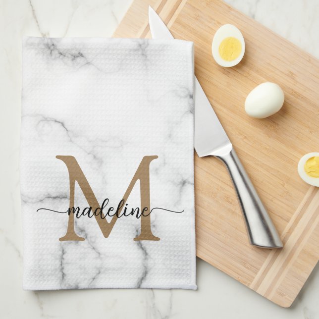Modern Marble Gold Girly Script Monogram Kitchen Towel (Quarter Fold)