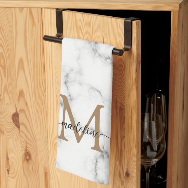 Modern Marble Gold Girly Script Monogram Kitchen Towel (Thirds Fold)