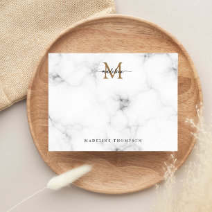 Modern Marble Gold Girly Script Monogram Note Card