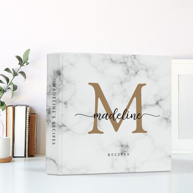 Modern Marble Gold Girly Script Monogram Recipe 3 Ring Binder (Creator Uploaded)