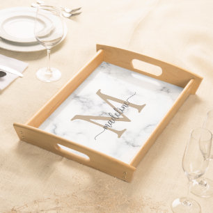 Modern Marble Gold Girly Script Monogram Serving Tray