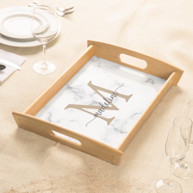 Modern Marble Gold Girly Script Monogram Serving Tray (Front)