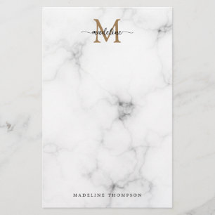 Modern Marble Gold Girly Script Monogram Stationery