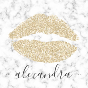 Modern marble gold glitter lips name sticker