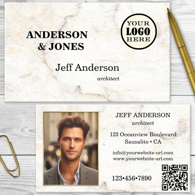 Modern Marble Gold Professional Architect Photo Business Card (Business card featuring a simple design with white marble. With photo, logo and QR code template)