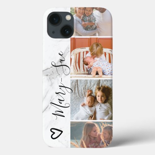 Modern marble heart name 4 photo collage grid iPhone 13 case