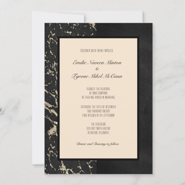 Modern Marble in Black and Vanilla Tapioca Invitation (Front)