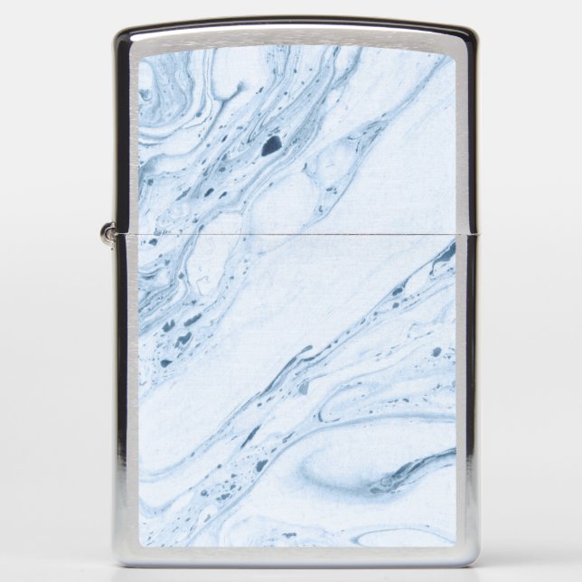 Modern marble look swirls in white light blue-gray zippo lighter (Front)
