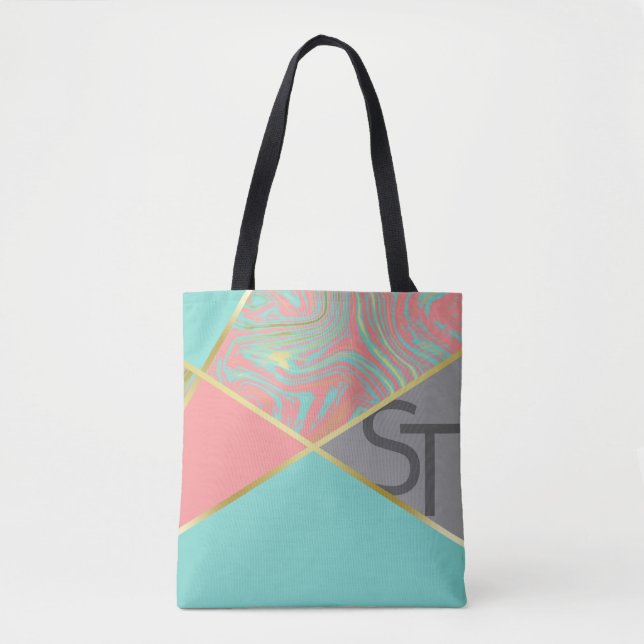 Modern Marble Mint Coral Pastel Gold Monogram Tote Bag (Front)