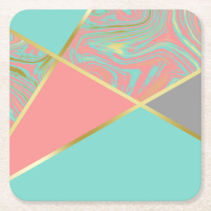 Modern Marble Mint Coral Pastel Gold Square Paper Coaster