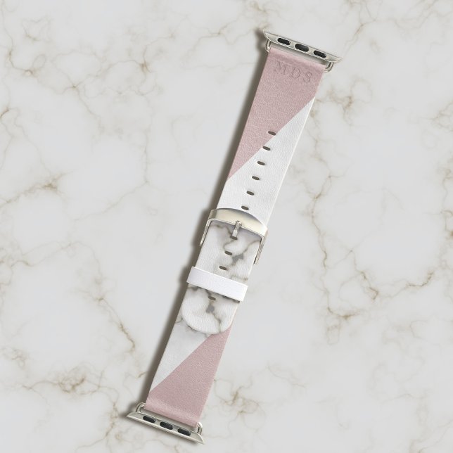 Modern Marble Monogram Blue Pink Apple Watch Band (Blush pink and marbled apple watch band with space waiting for your initials)