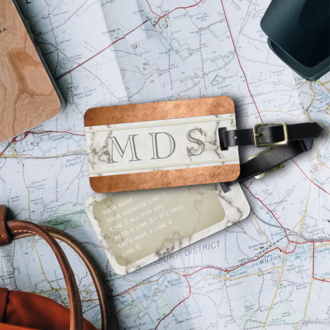 Modern Marble Monogram Striped Luggage Tag
