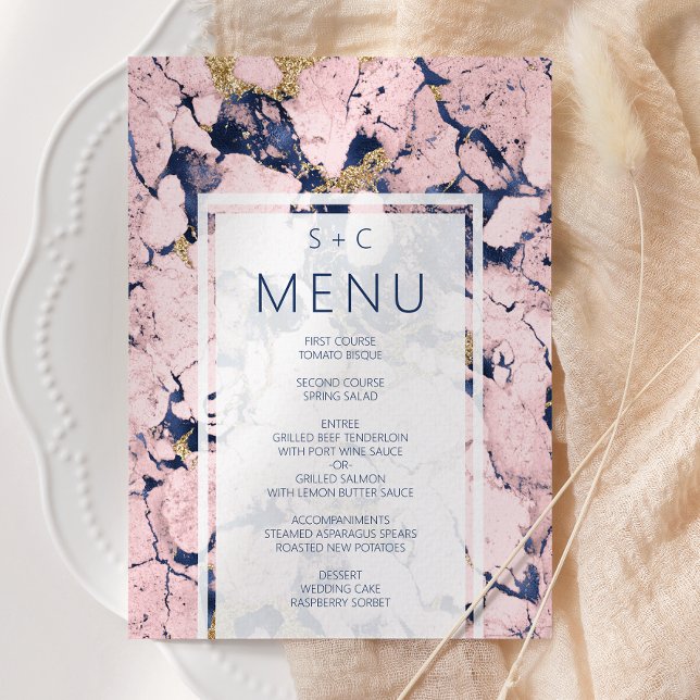 Modern Marble Navy Blue Blush Gold Wedding Menu (Creator Uploaded)