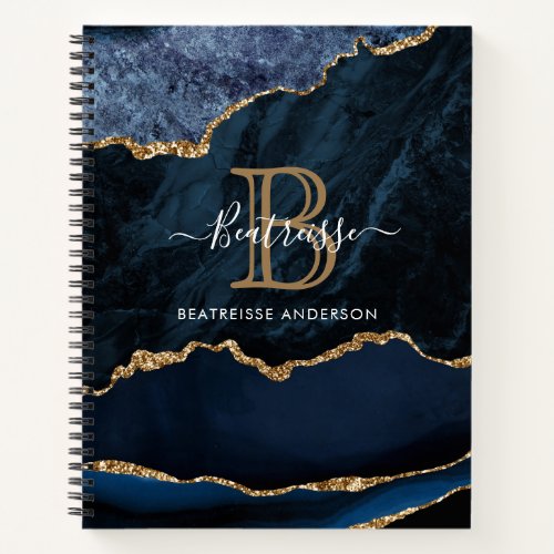 Modern Marble Navy Blue Gold Glitter Monogram Notebook