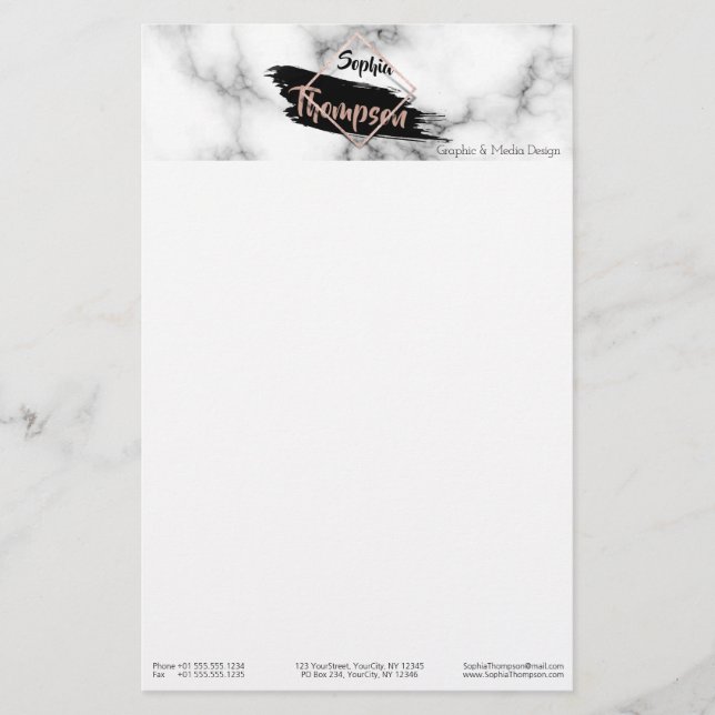 Modern Marble Paint Stroke Glitter Name Stationery (Front)