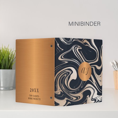 Modern marble pattern black copper monogrammed mini binder