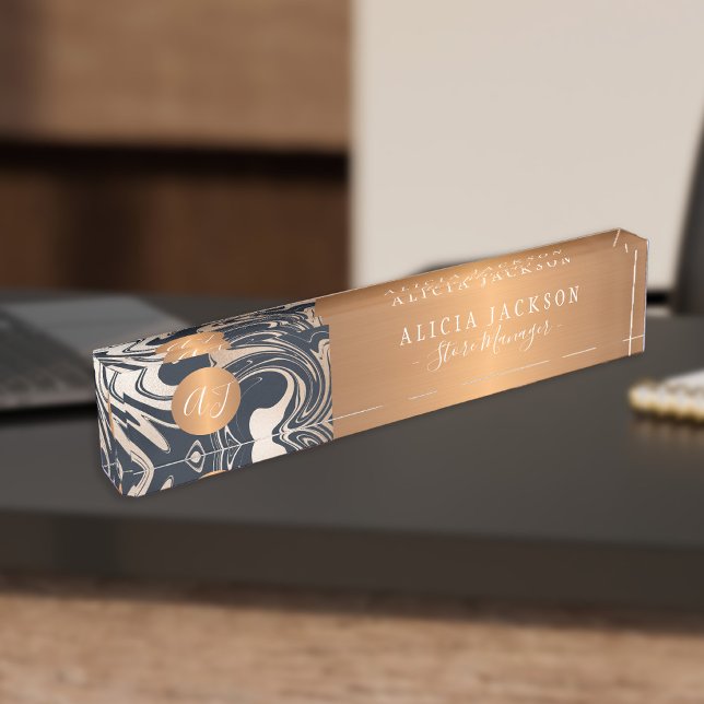 Modern marble pattern black gold monogrammed desk name plate (Creator Uploaded)