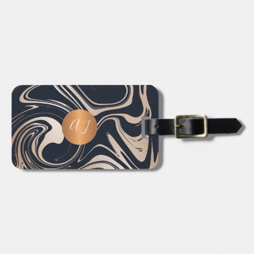 Modern marble pattern rose gold copper monogrammed luggage tag