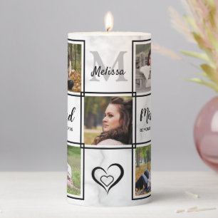 Modern Marble Personalized Photo Collage Memorial Pillar Candle