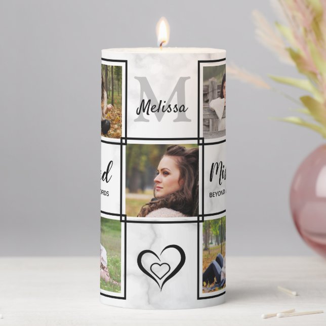 Modern Marble Personalized Photo Collage Memorial Pillar Candle (In Situ)
