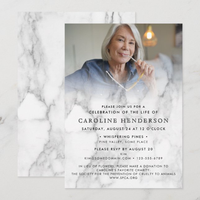 Modern Marble Photo Celebration of Life / Funeral Invitation (Front/Back)
