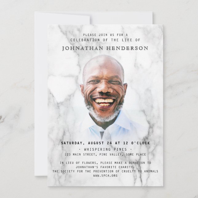 Modern Marble Photo Celebration of Life / Funeral Invitation (Front)