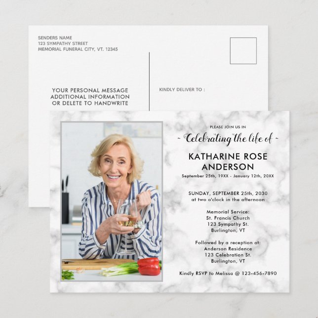 Modern Marble Photo Celebration Of Life Funeral  Invitation Postcard (Front/Back)