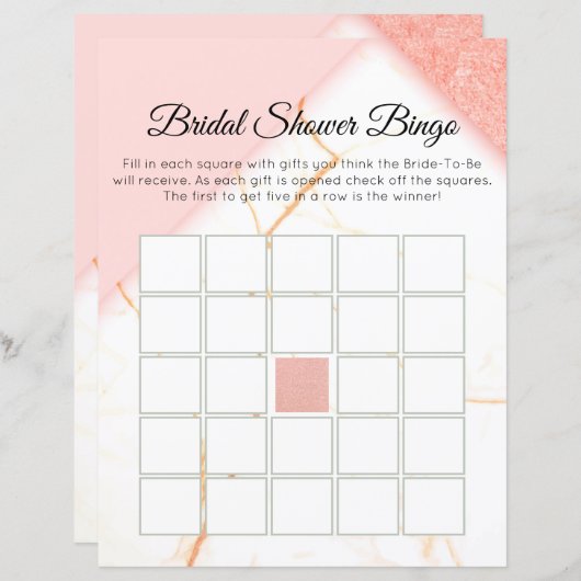 Modern Marble Pink and Gold Bridal Bingo (Front/Back)