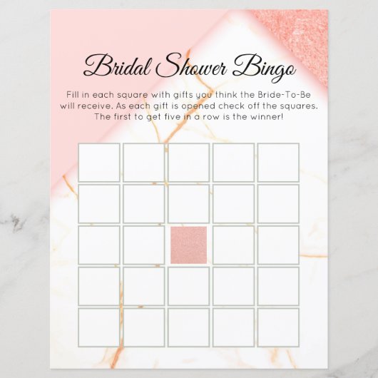 Modern Marble Pink and Gold Bridal Bingo (Front)