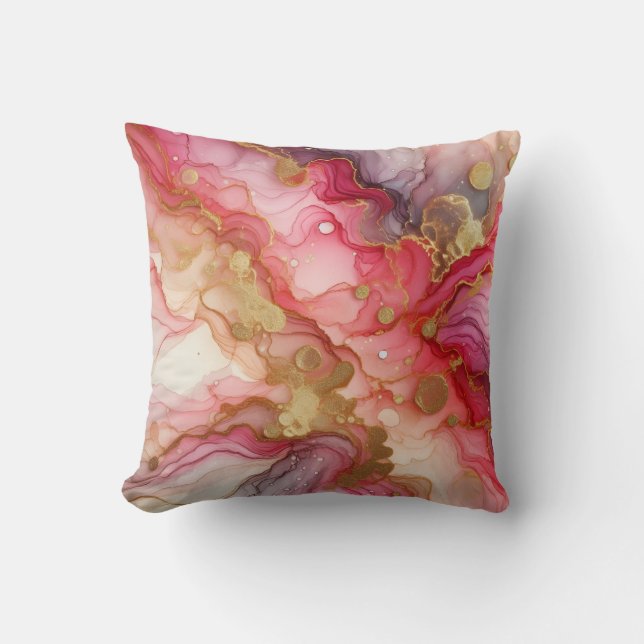 Modern Marble Pink + Gold Luxury Alcohol Ink Throw Pillow (Front)