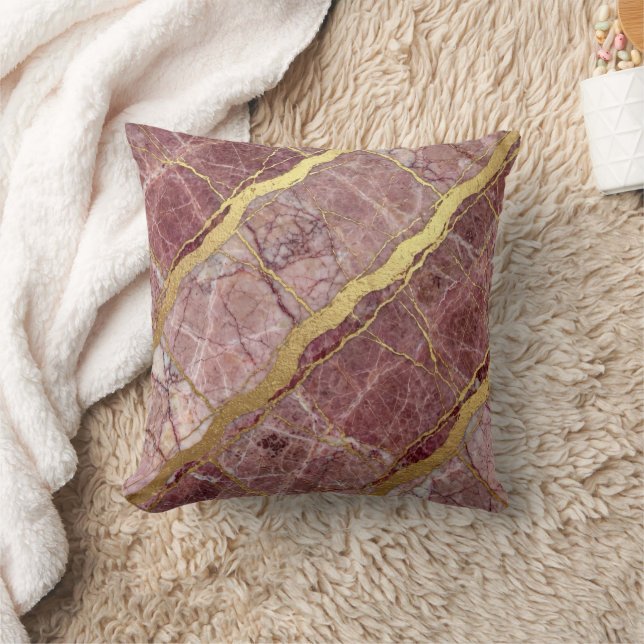 Modern Marble Pink + Gold Luxury  Throw Pillow (Blanket)