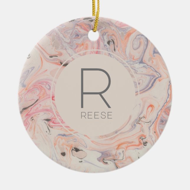 Modern Marble Pink Monogrammed Rose Ceramic Ornament (Front)