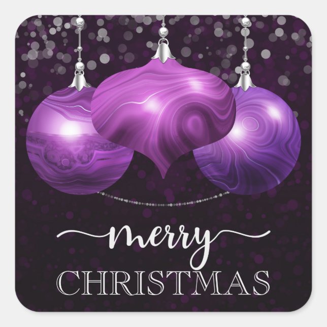 Modern Marble Purple Christmas Ornament Square Sticker (Front)
