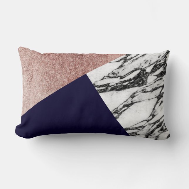 Modern Marble Rose Gold and Navy Blue Tricut Geo Lumbar Pillow (Front)