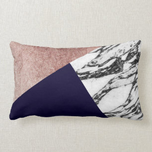 Modern Marble Rose Gold and Navy Blue Tricut Geo Lumbar Pillow