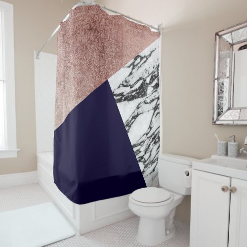 Modern Marble Rose Gold and Navy Blue Tricut Geo Shower Curtain