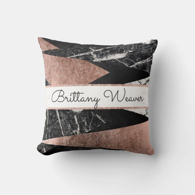 Modern Marble Rose Gold Black Triangle Monogram Throw Pillow (Front)