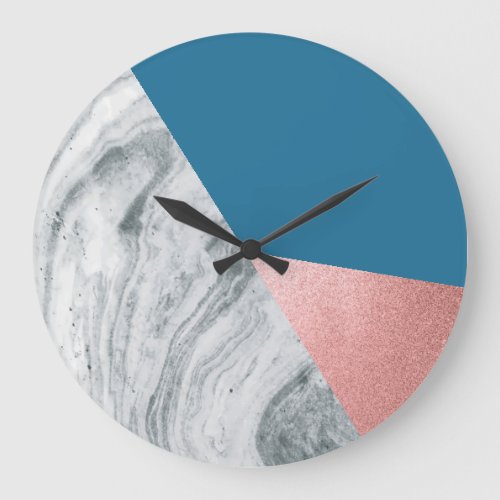 Modern Marble Rose Gold Blue Abstract Large Clock
