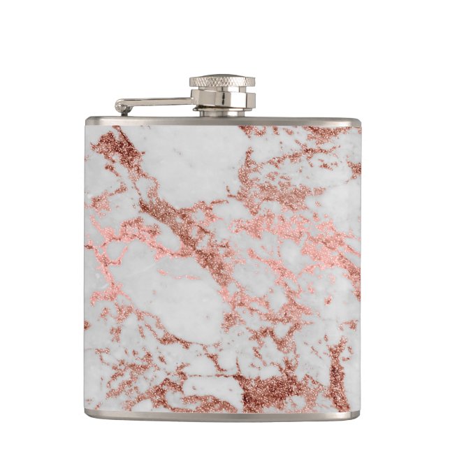 Modern Marble Rose Gold Glitter Flask (Front)